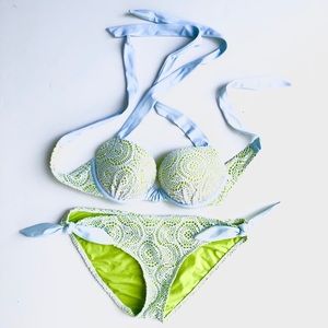 Aerie green white crochet bikini blue ties M 34B
